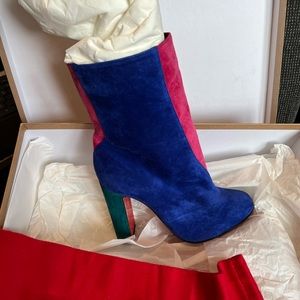 Christian Louboutin’s Suede BOTTY DOUBLE 100 Color Block Boots Heels